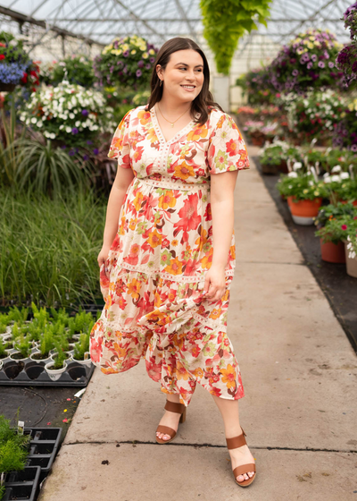 Plus size red multi floral tiered dress with ivory lace trim