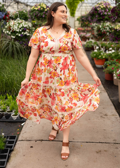 Plus size red multi floral tiered dress with short sleeves