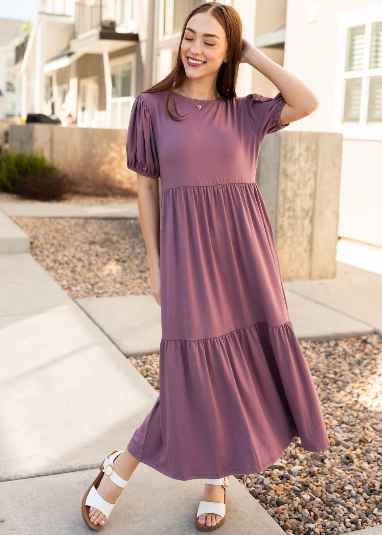Short sleeve lavender tiered dress