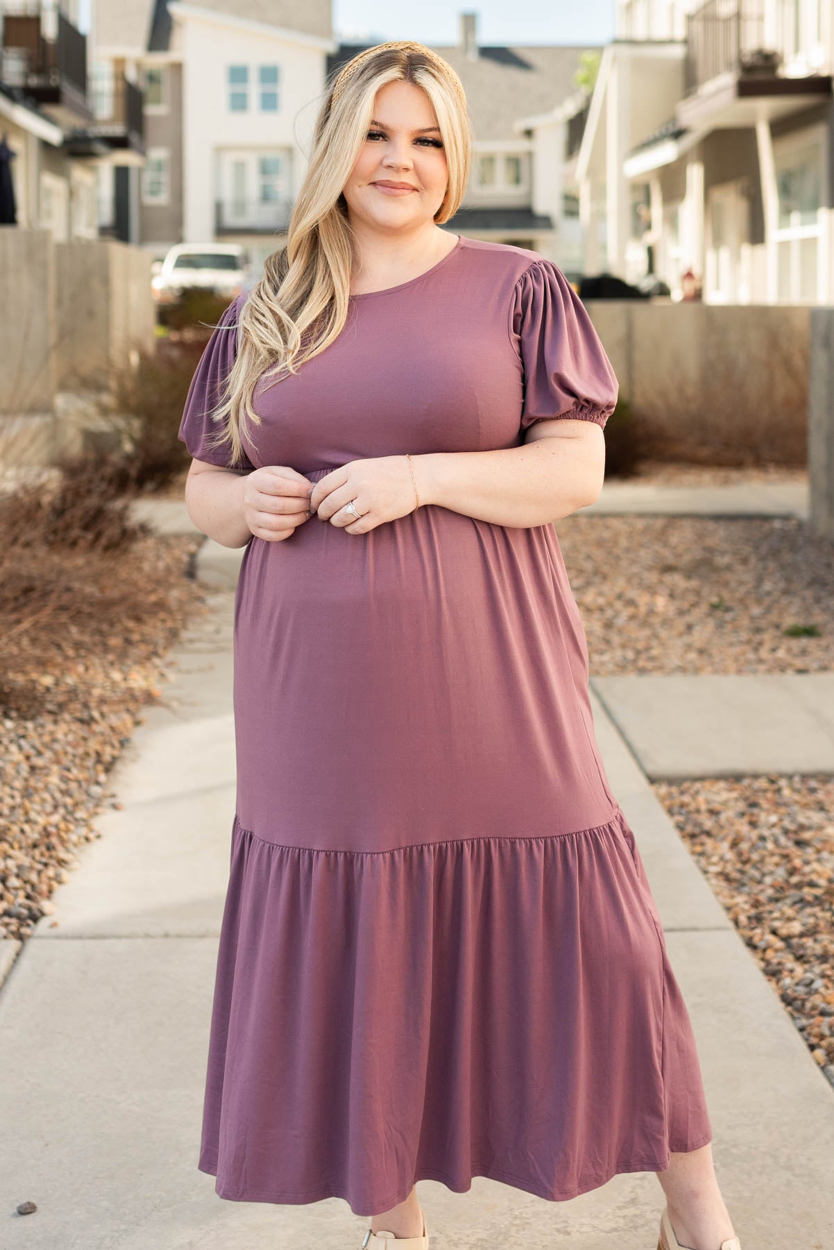Plus size short sleeve lavender tiered dress
