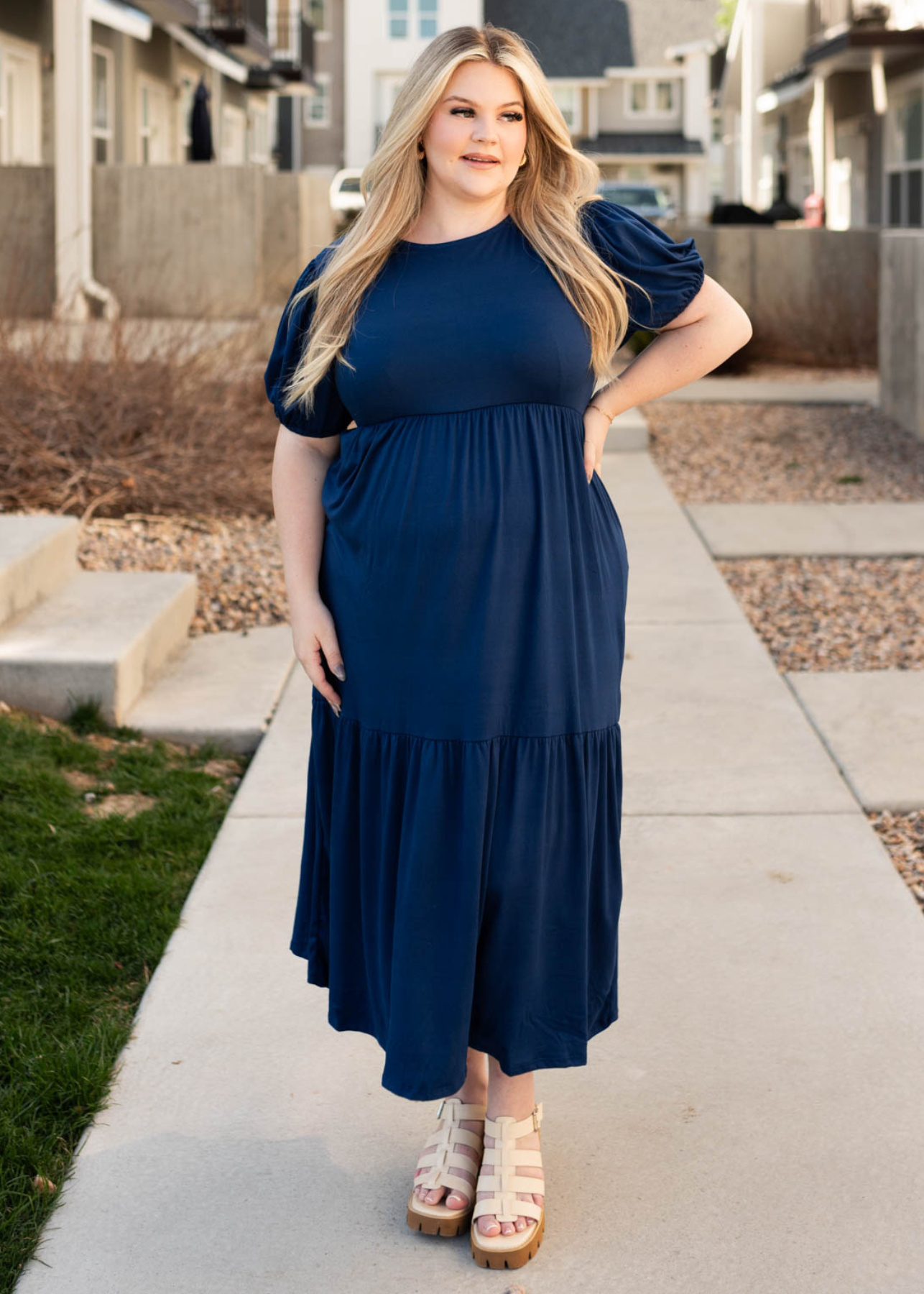 Short sleeve plus size navy tiered dress