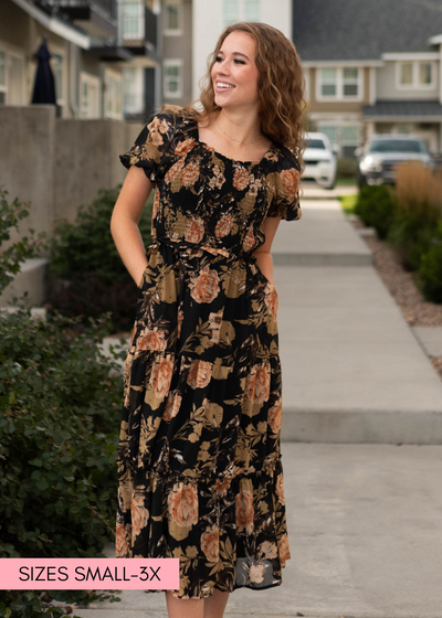 Black floral dress with elastic waist and short sleeves
