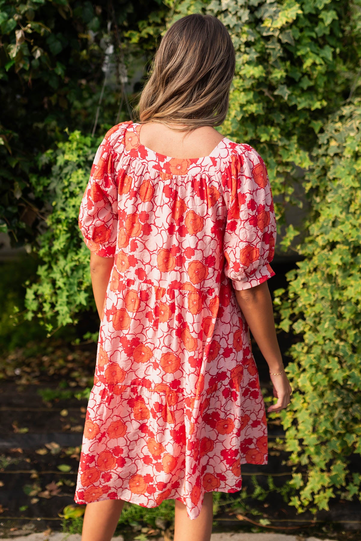 Back view of the pink floral dress