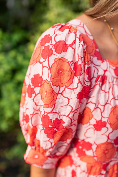Close up of the fabric on the pink floral dress