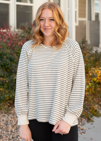 Ivory ribbed long sleeve top with stripes
