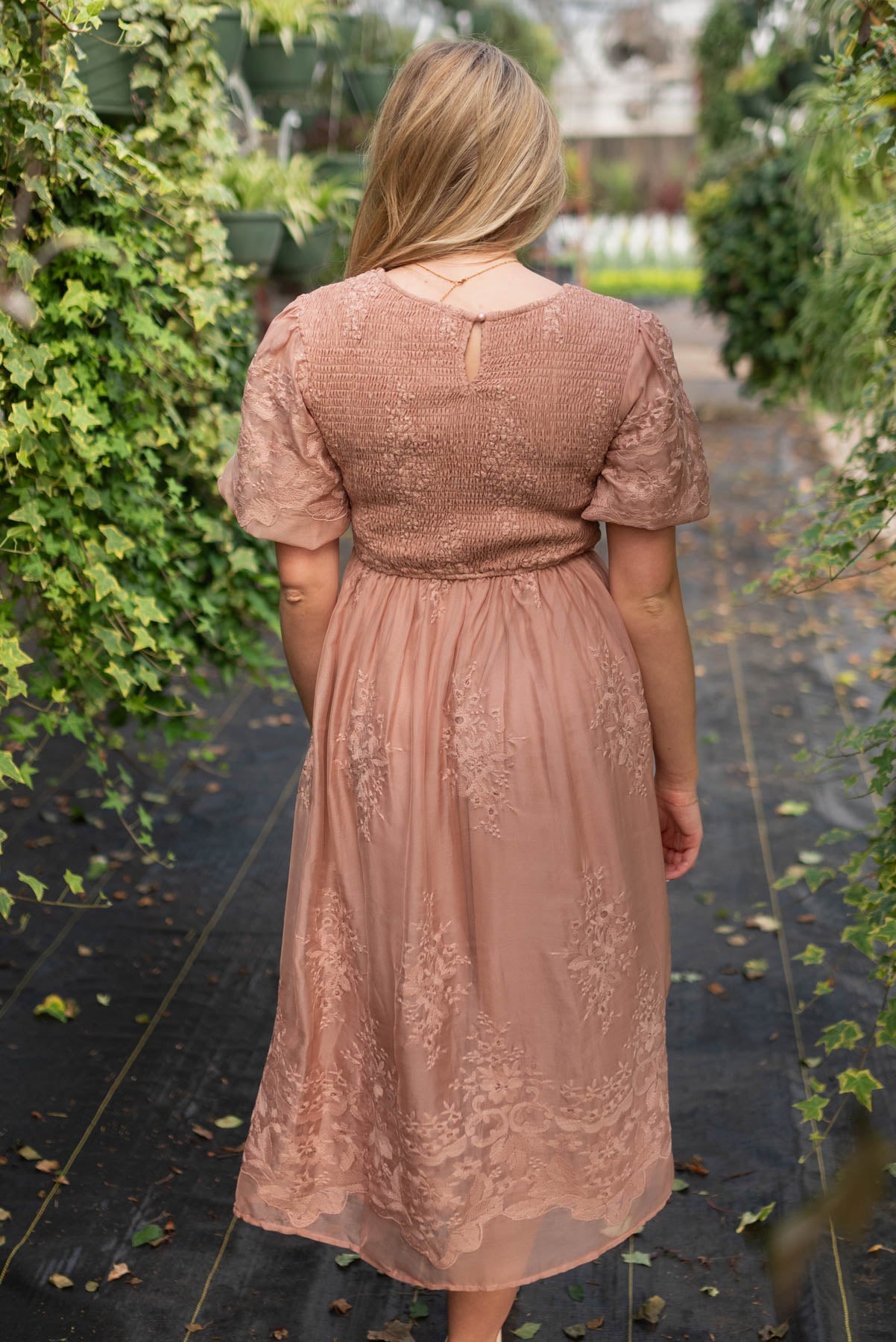 Back view of the dusty pink embroidered dress with back closer.