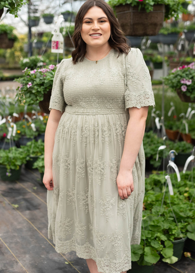Plus size sage embroidered dress with short sleeves