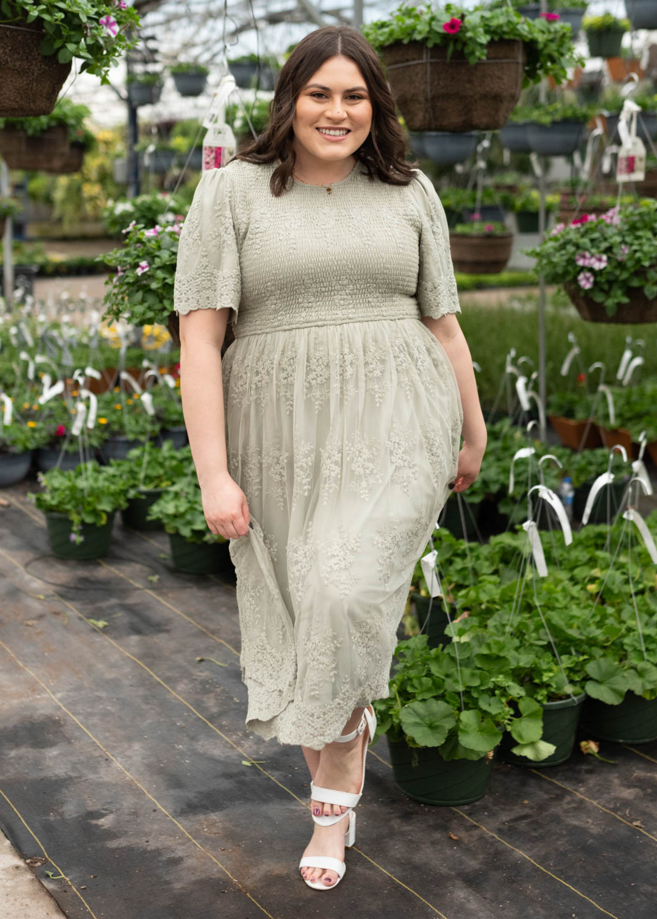 Short sleeve plus size sage embroidered dress