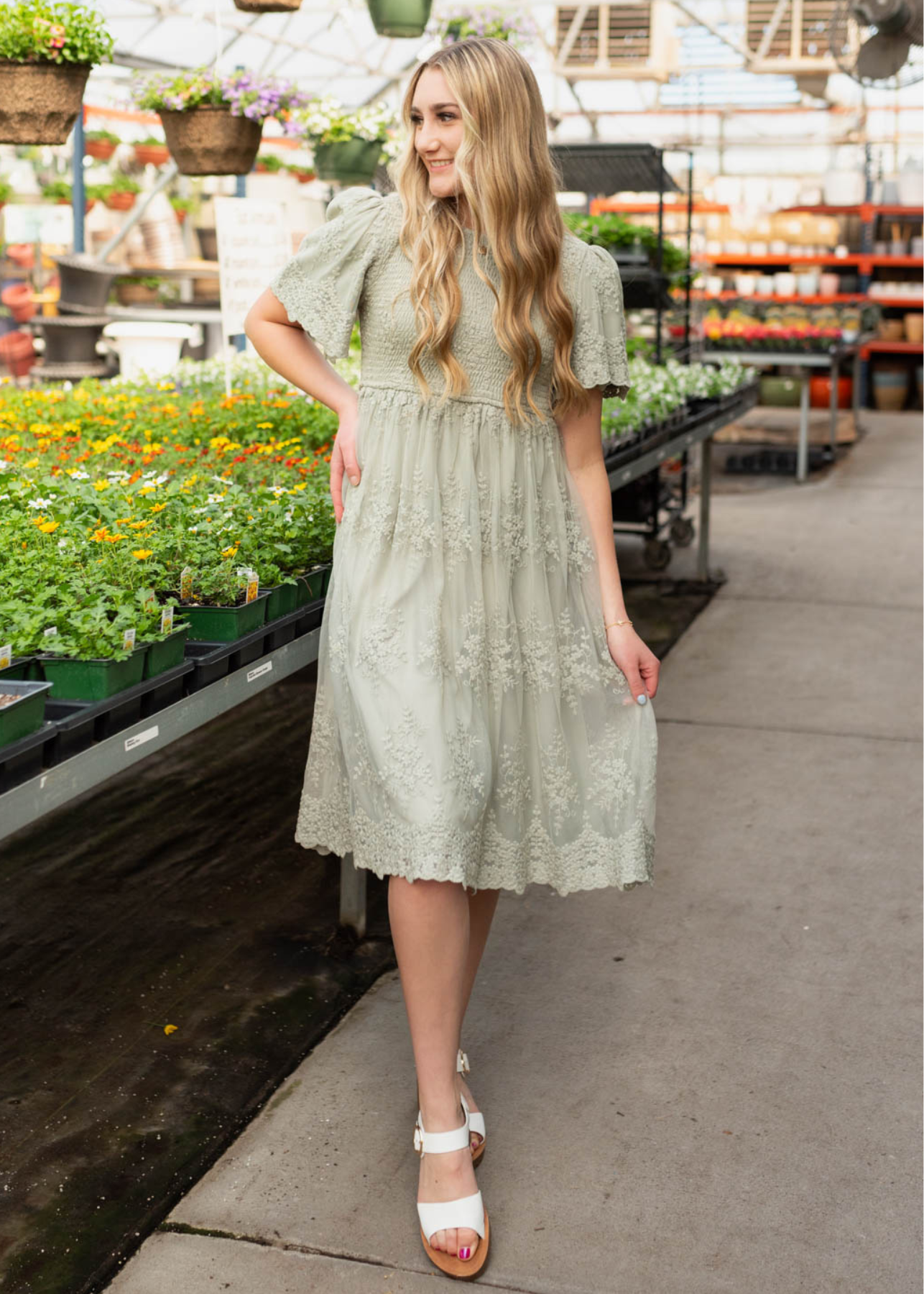 Sage embroidered dress with short sleeves