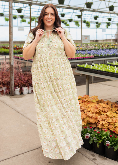 Plus size sage floral dress with short sleeves