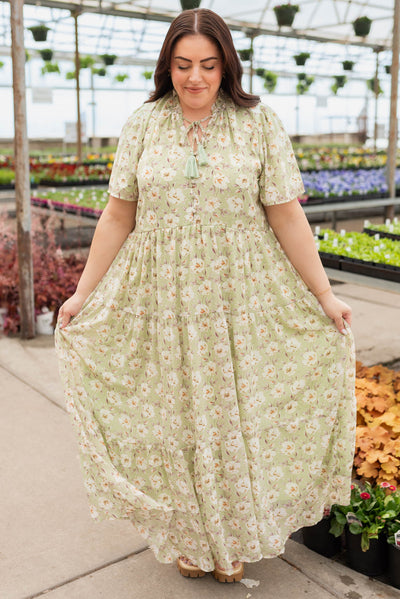 Plus size sage floral dress with tiered skirt