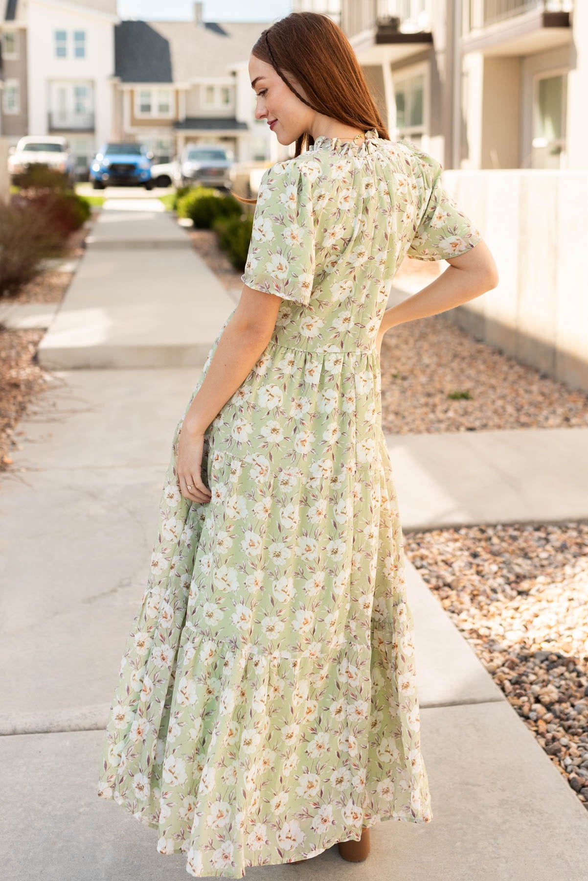 Back view of the sage floral dress