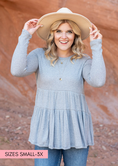 Heather grey top with tiered peplum style