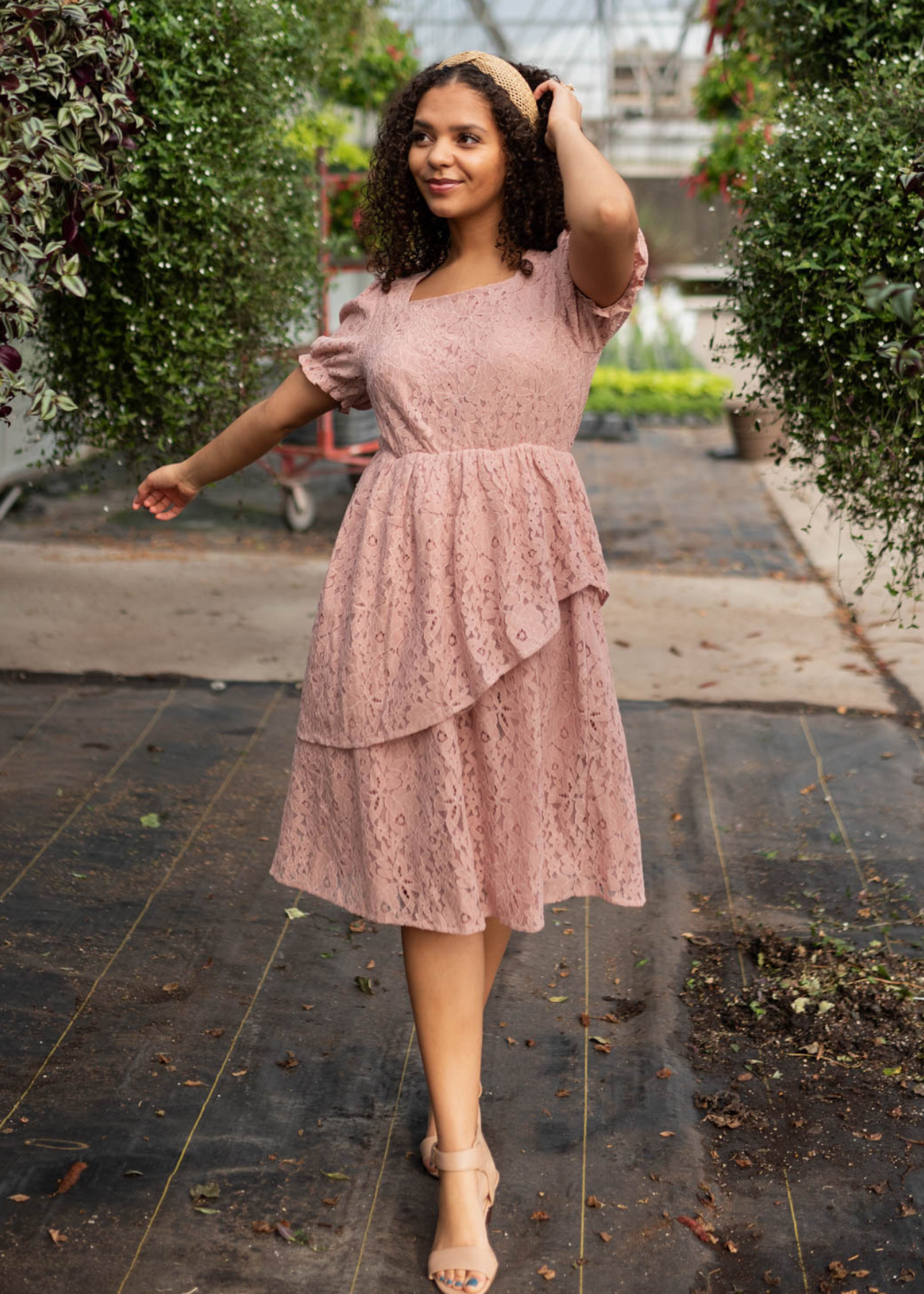 Dusty pink lace tiered dress with short sleeves