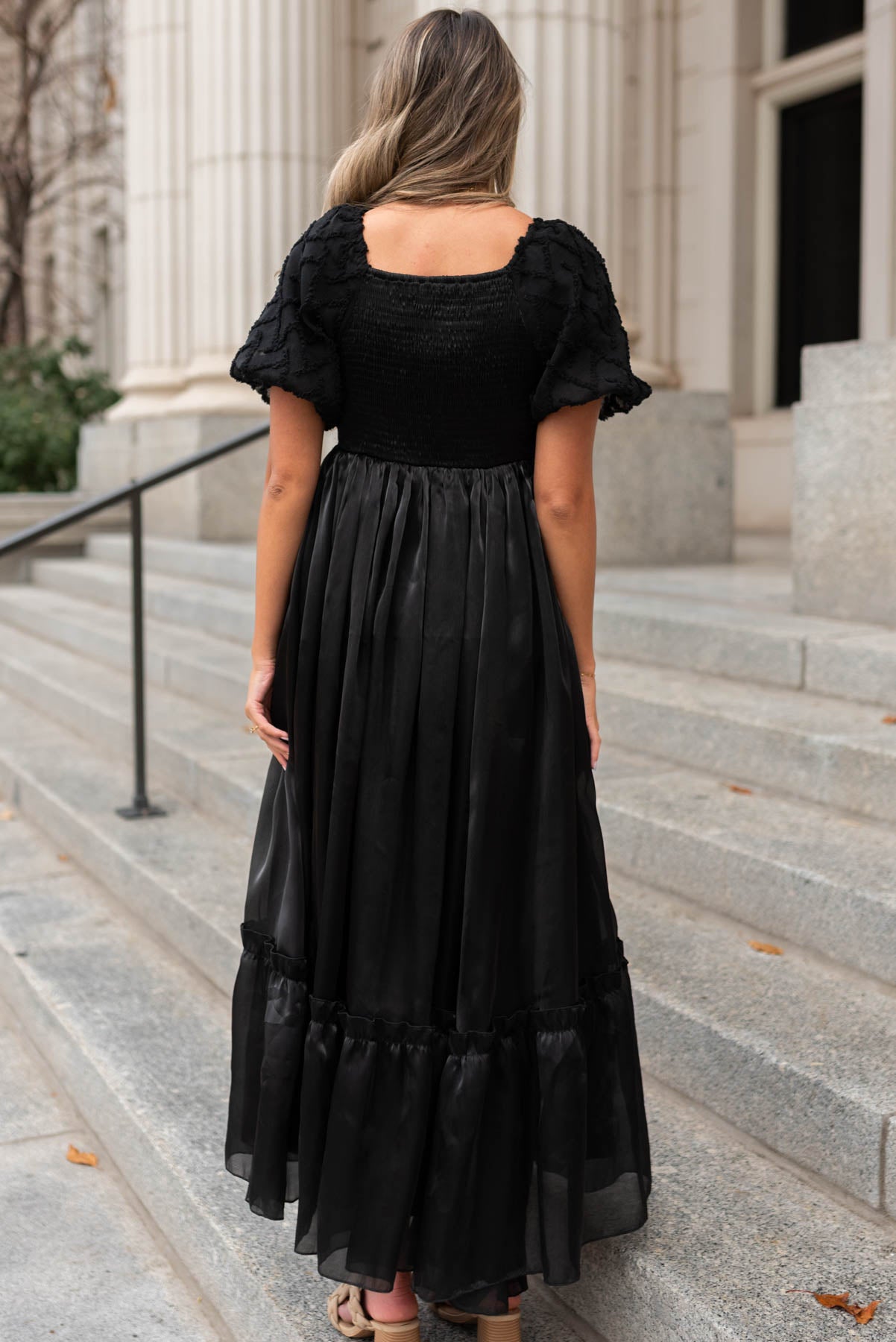 Back view of a black organza dress