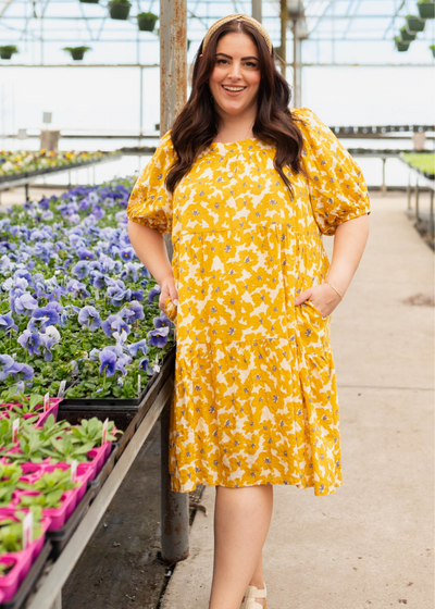 Short sleeve plus size mustard floral dress