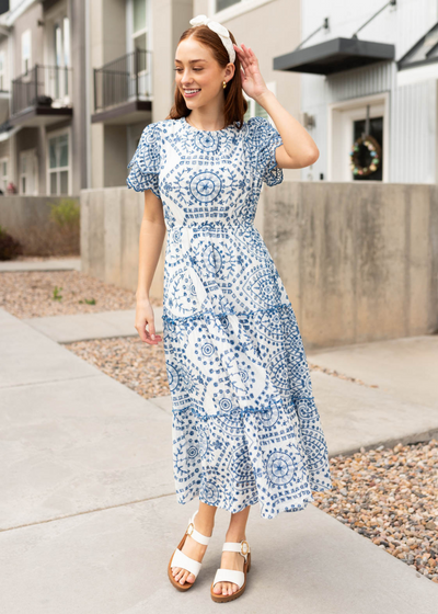 Short sleeve blue embroidered dress