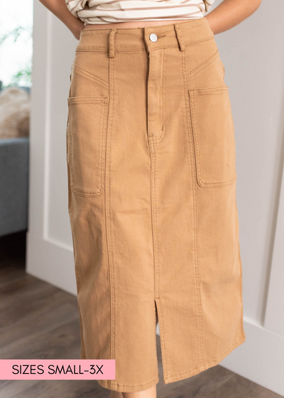 Front view of the camel maxi skirt