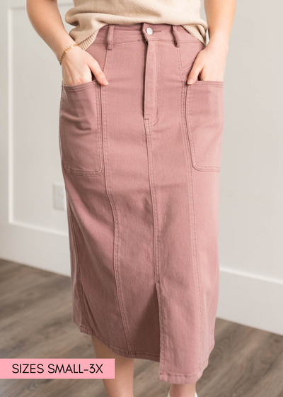 Front view of the mauve maxi skirt
