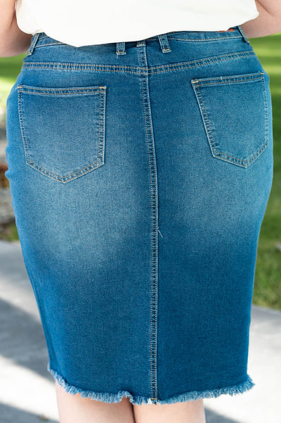 Back view of a plus size indigo skirt
