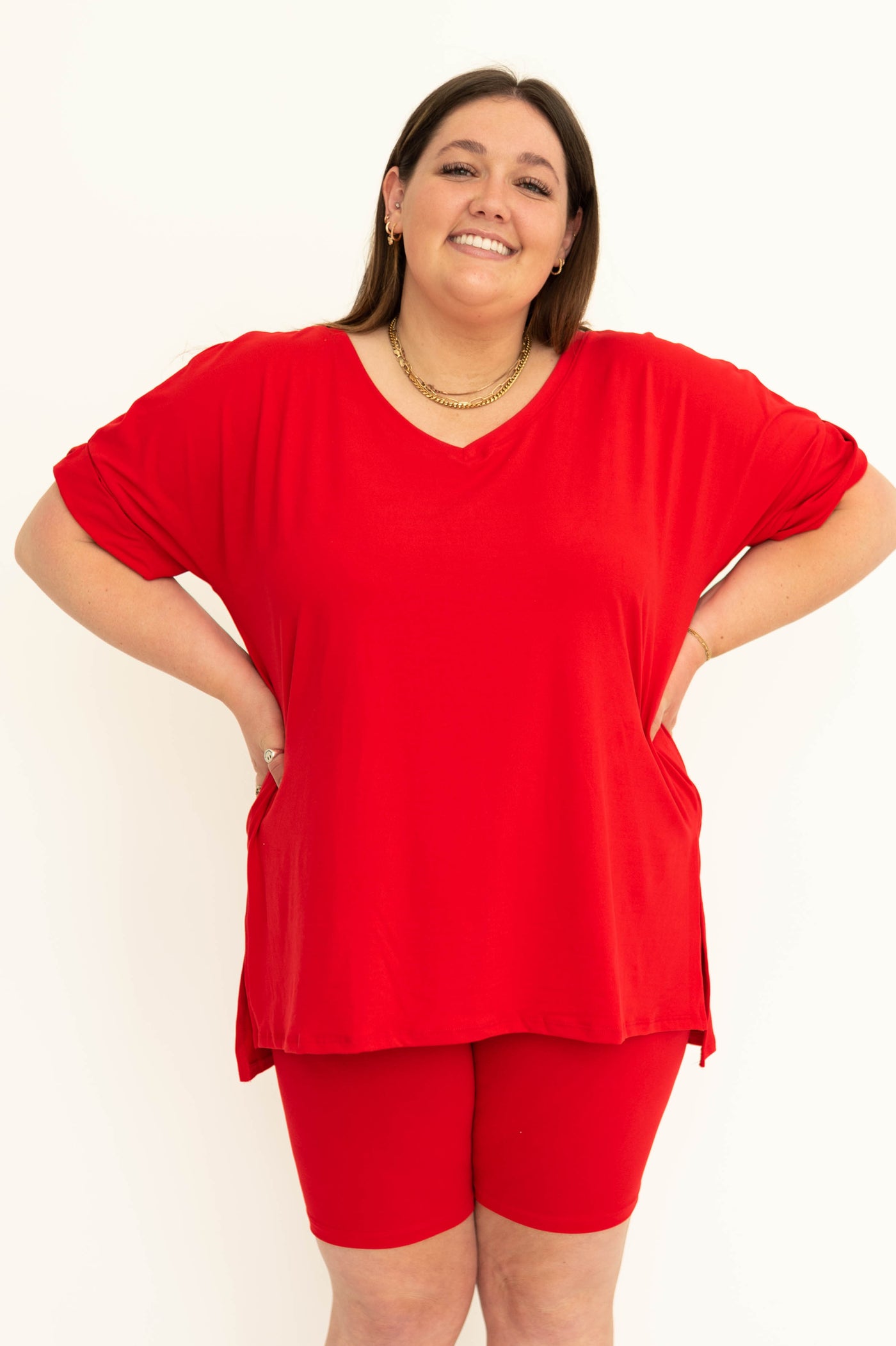 Plus size ruby set with a v-neck tee and biker shorts