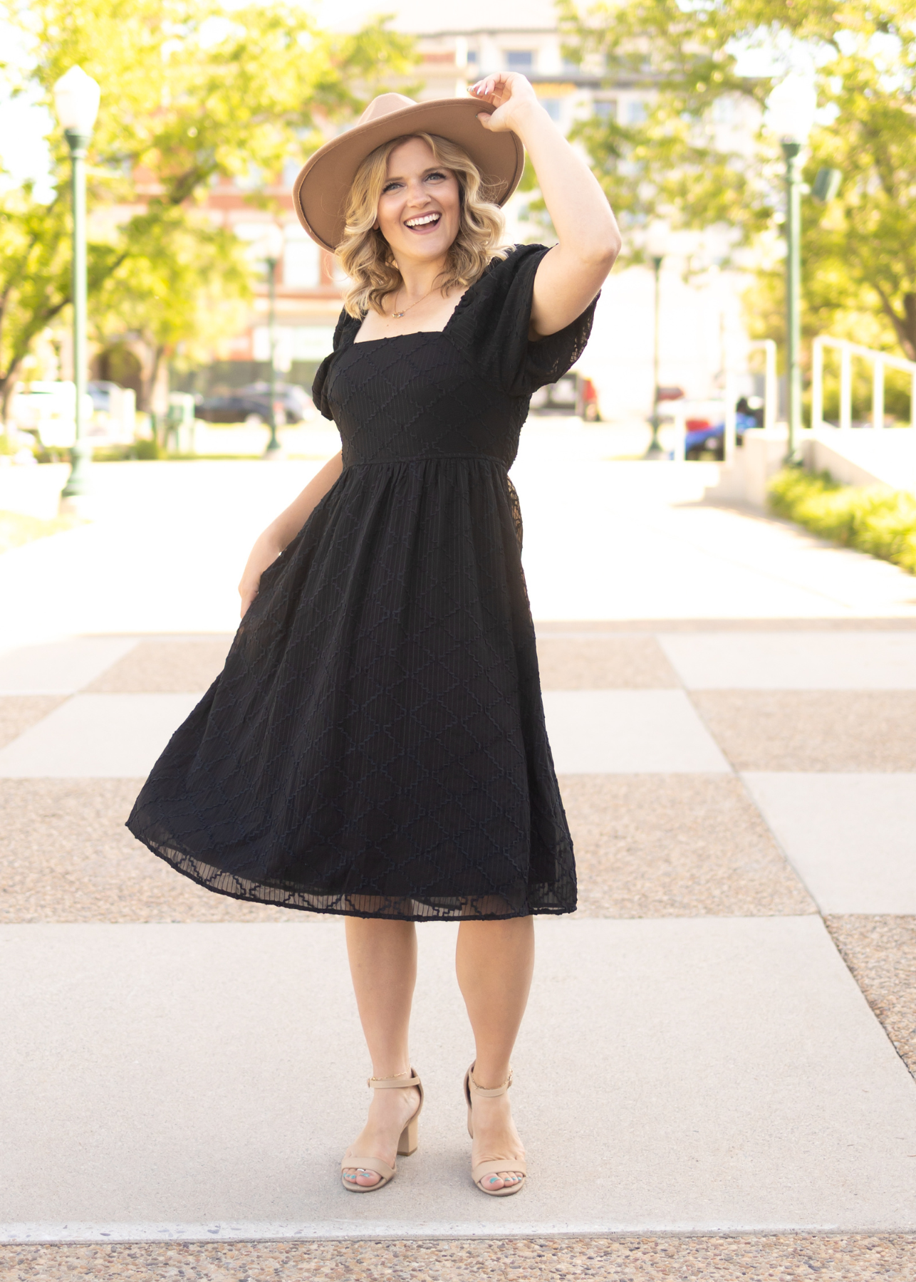 Short sleeve black dress with square neck