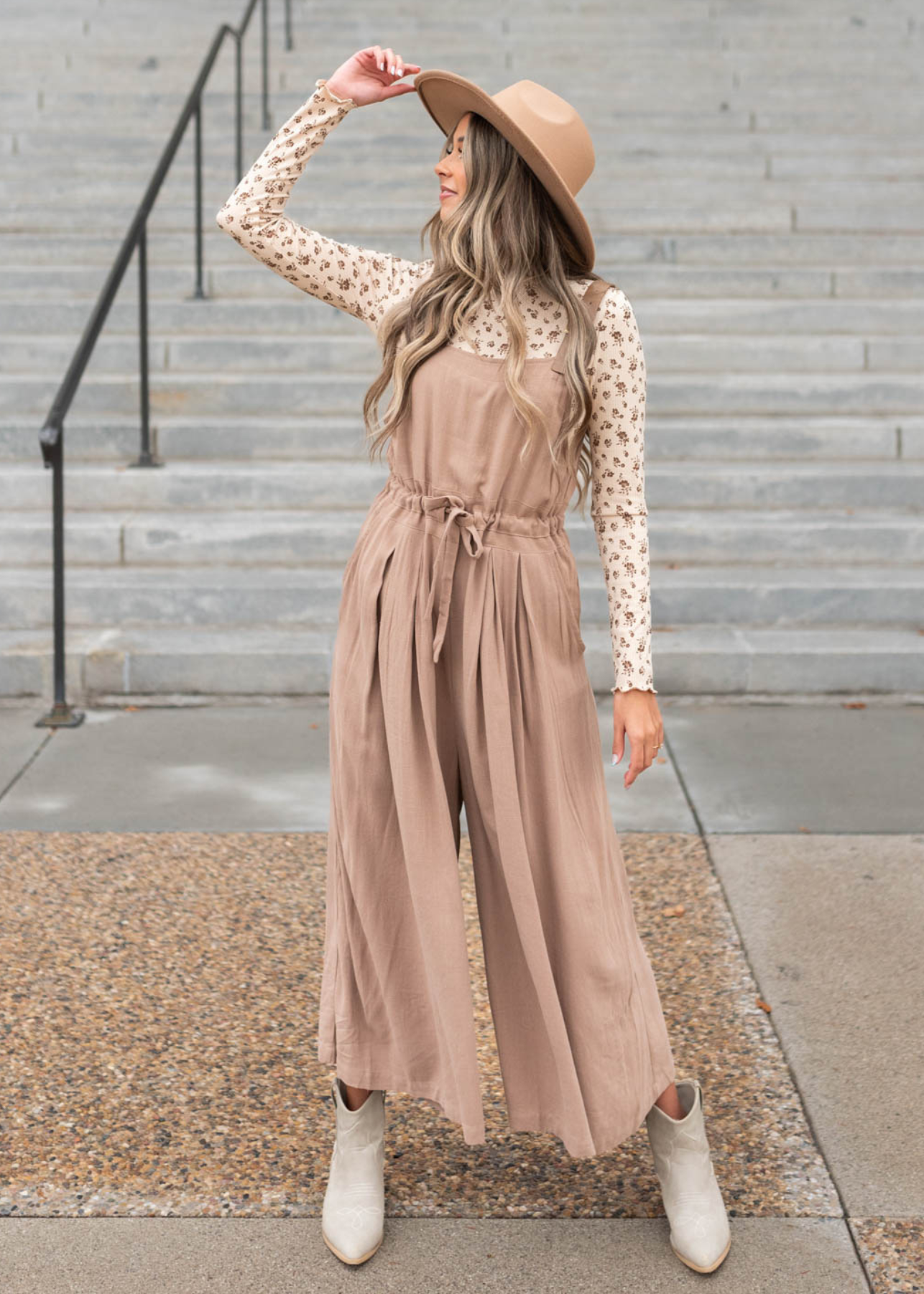 Wide leg mocha jumpsuit that ties at the waist