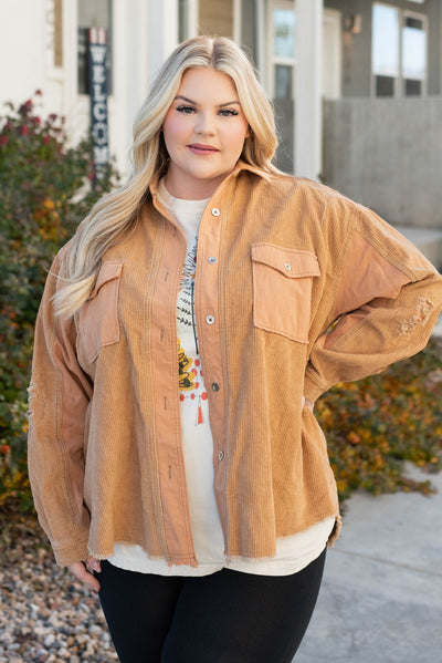 Button up caramel shacket with front pockets