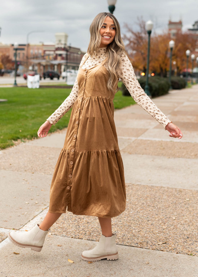 Side view of the camel jumper dress