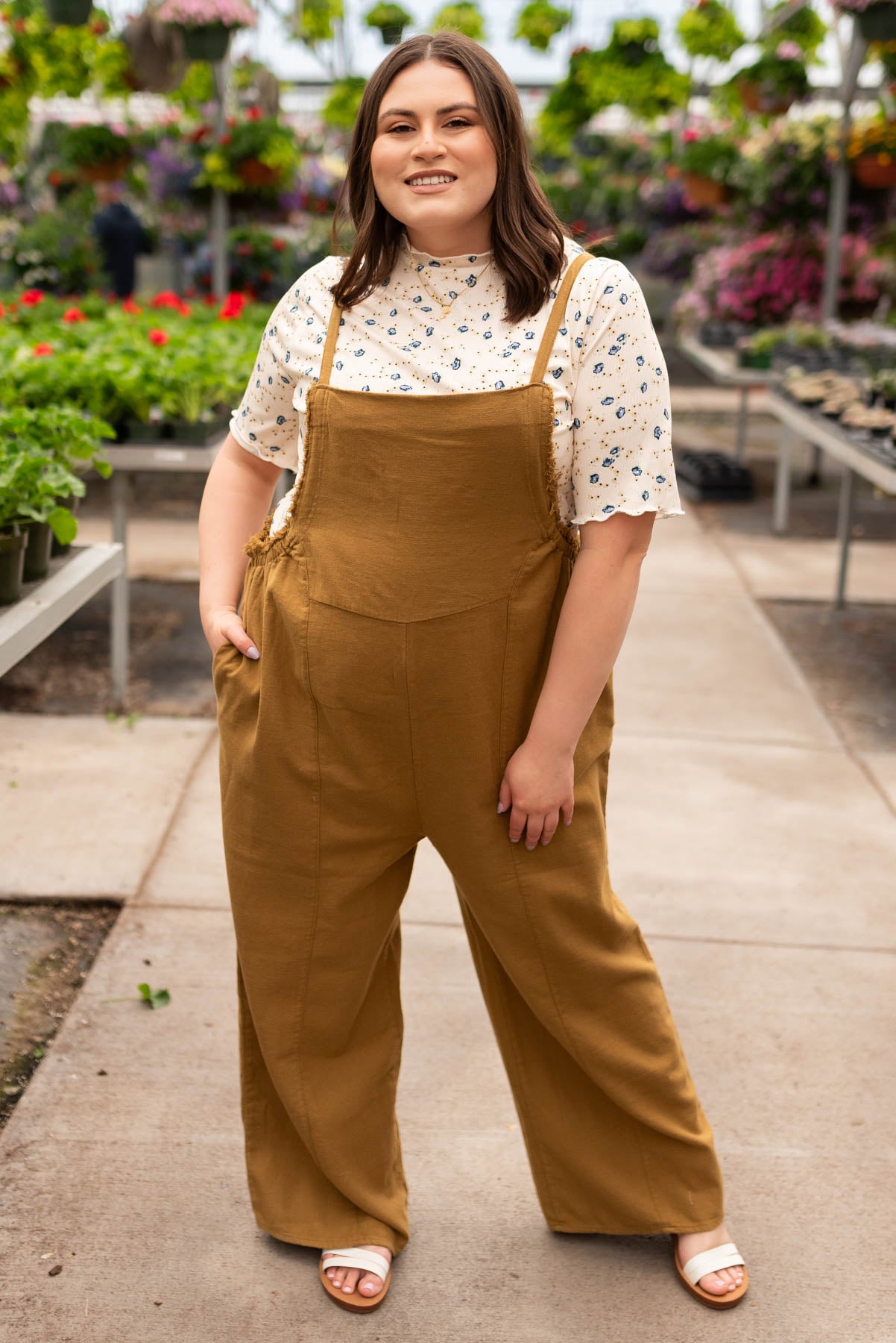 Plus size dark mustard washed jumpsuit with pockets