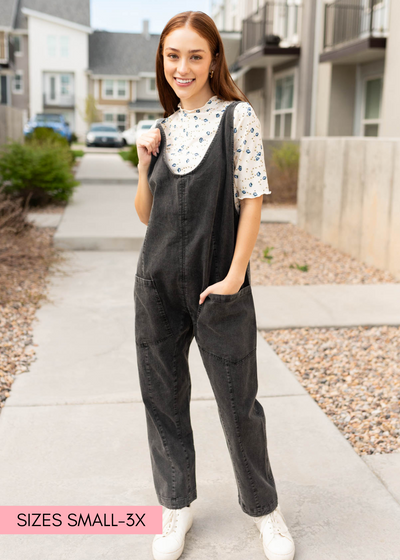 Front view of the charcoal washed jumpsuit