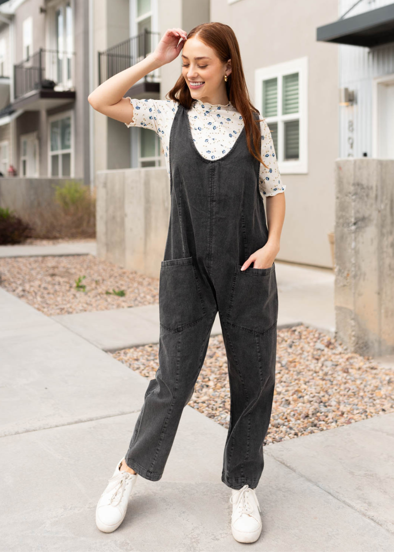 Charcoal washed jumpsuit with scoop neck