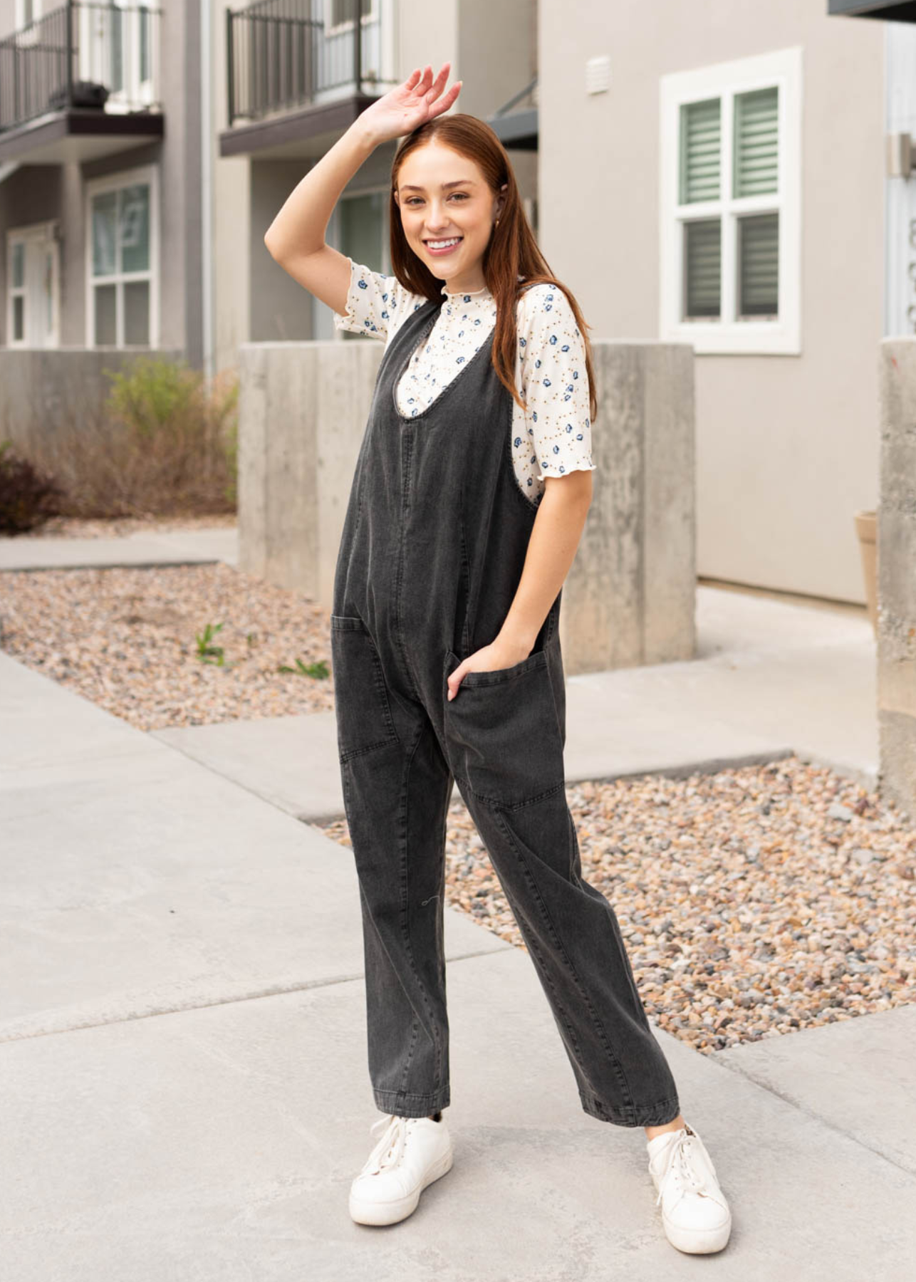 Charcoal washed jumpsuit with front pockets