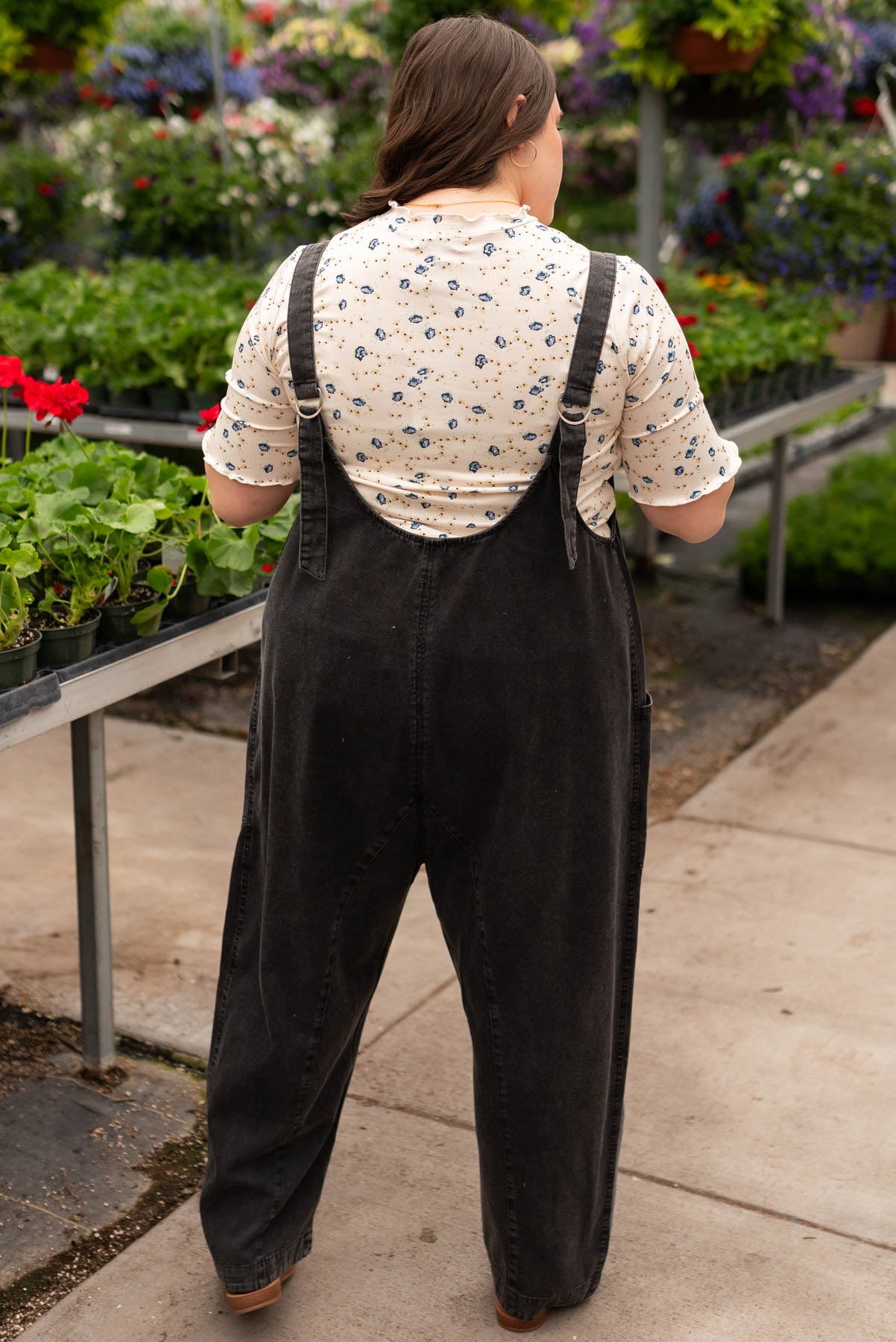 Back view of the plus size charcoal washed jumpsuit
