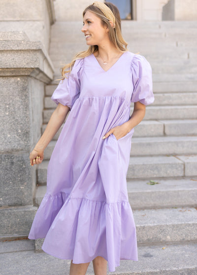 Short sleeve lavender dress with puff sleeves