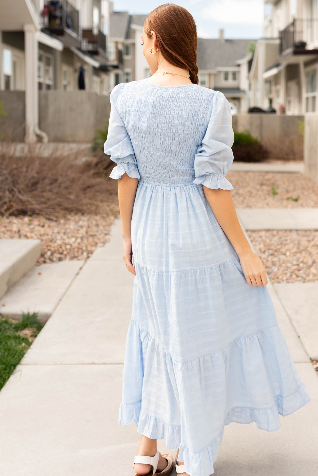 Back view of the sky blue maxi dress