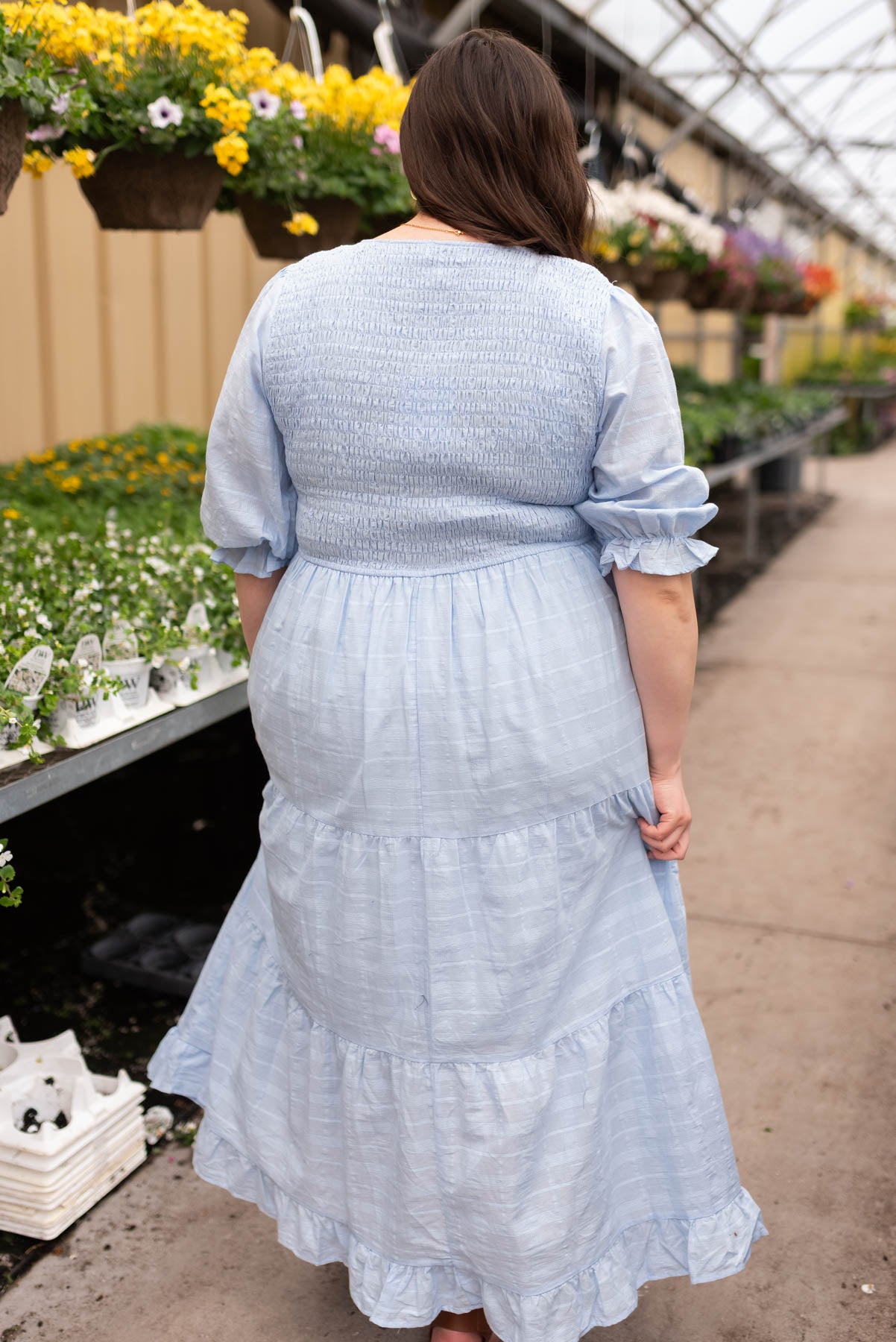 Back view of the plus size sky blue maxi dress