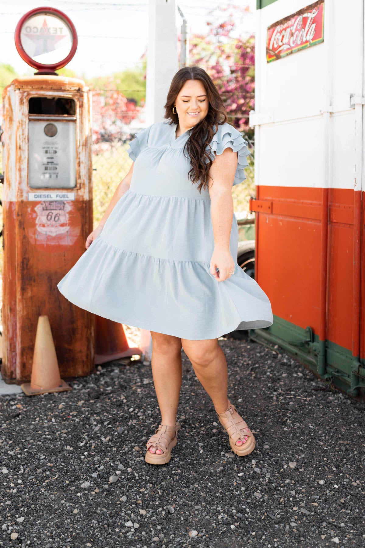 Plus size blue dress with tiers.
