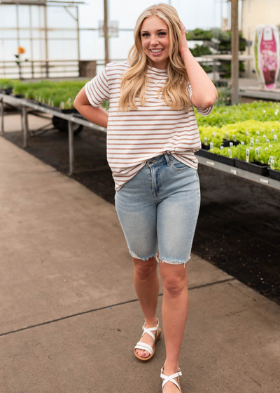 White taupe striped top t-shirt