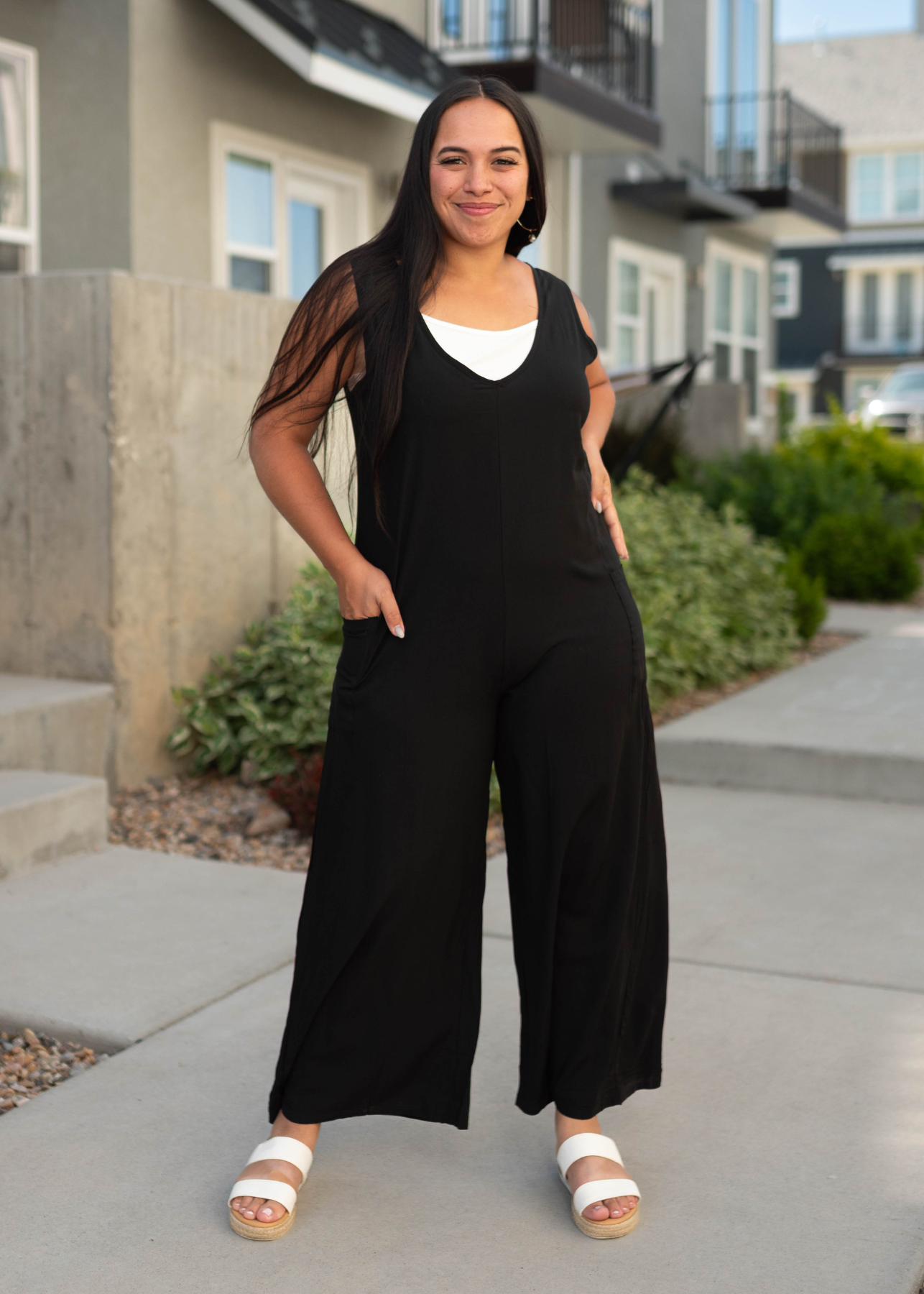 Black jumpsuit with wide legs