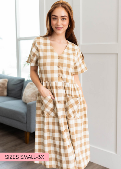 Camel button down dress with v-neck and front pockets