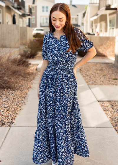 Navy floral dress with short sleeves