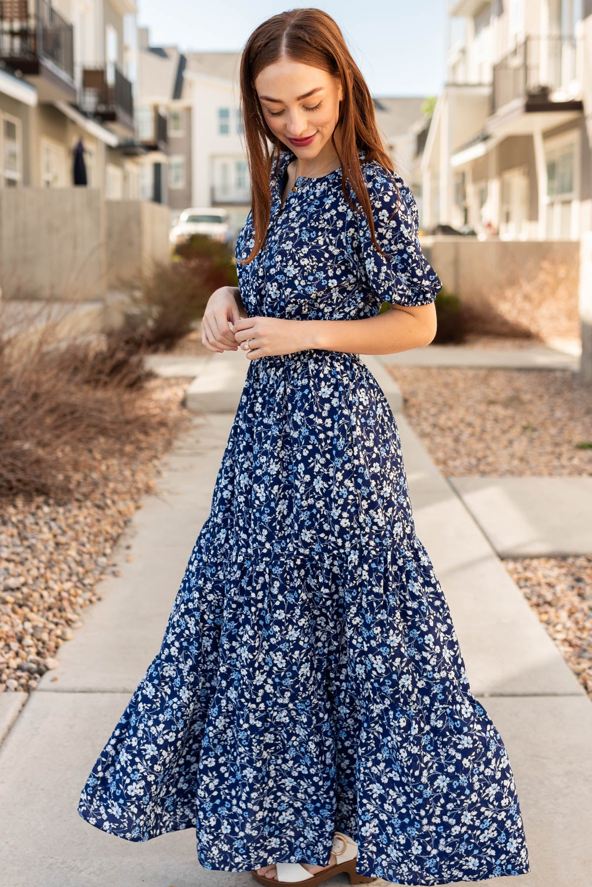 Side view of the navy floral dress