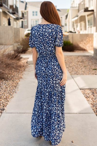Back view of the navy floral dress