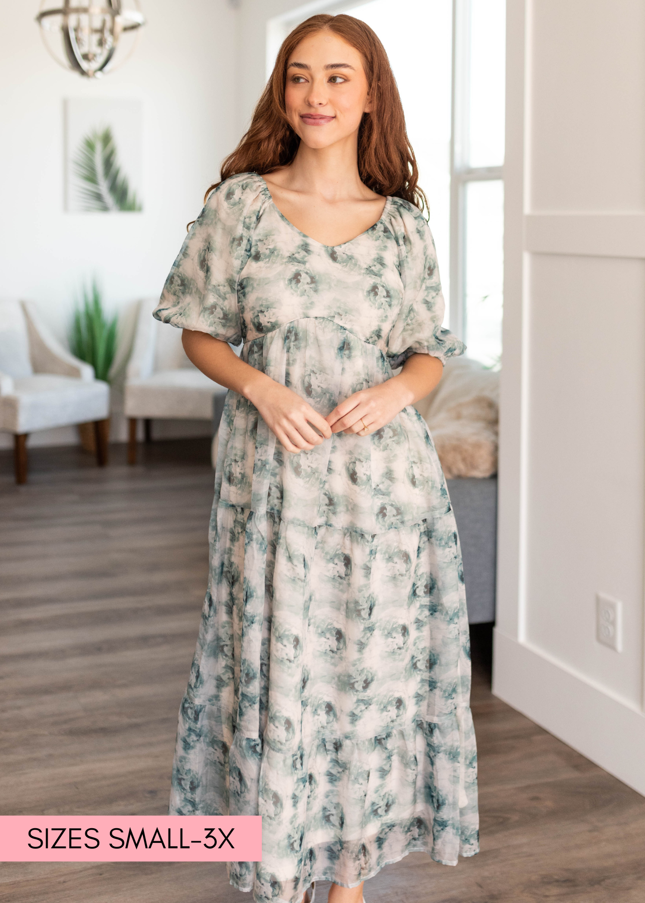 Green floral dress with high waist and short sleeves