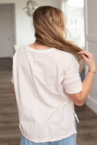 Back view of the pink stripe shirt
