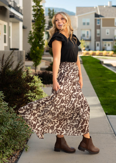 Side view of a brown floral skirt