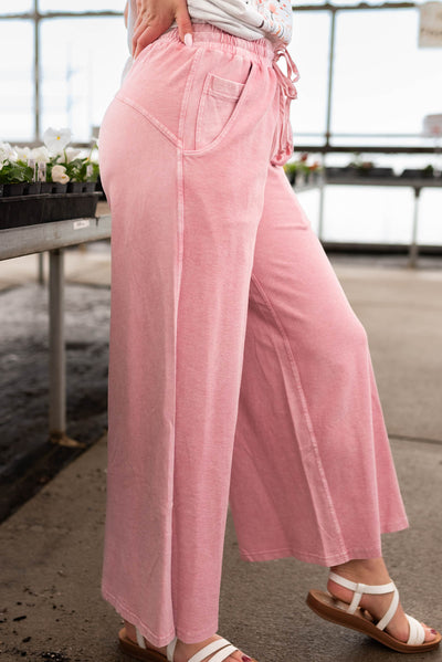 Side view of the rose wide leg pants