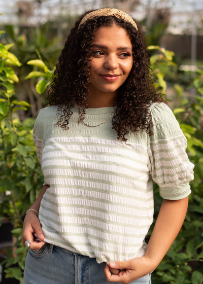 Sage stripe top with short sleeves