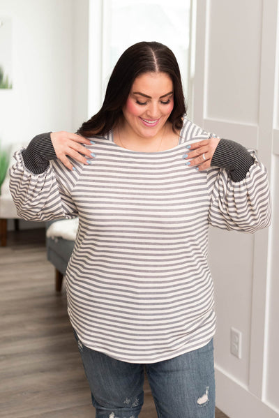 Plus size grey striped long sleeve top with charcoal grey cuffs
